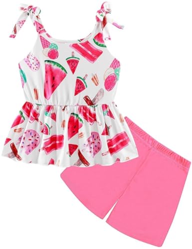 Image of Toddler Girls Clothes Summer Short Set Outfit Tie Knot Shoulder Sleeveless Ruffle Tops and Shorts 2PC Clothing Set