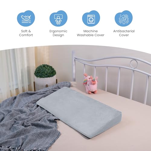 Image of Cherilo Full Size Elevated Wedge Pillow for Baby Crib & Mattress, Elevate Baby to Prevent Acid Reflux, Colic, GERD, Heat Burn & Vomiting | 28 inch x 14 inch x 3.5 inch | - with Removable Velvet Cover - Grey