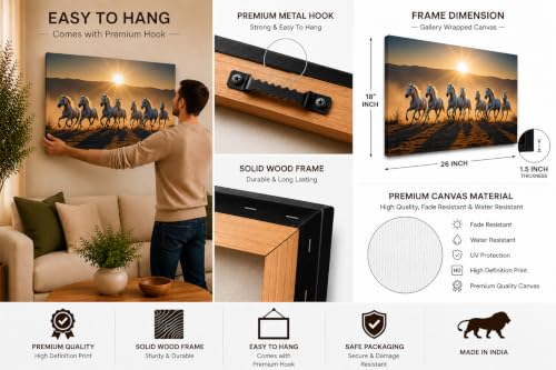 Image of 7 Horse Vastu Sunrise Canvas Painting | Positive Energy Wall Decor | Big Size Premium Running Horses Artwork for Home, Office & Hall Decoration (Modern, Golden Horse, 26x18 Inch)