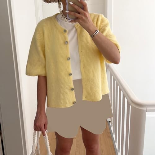 Image of Womens Button Up Short Sleeve Cardigans Sweater Cropped Lightweight Round Neck Elegant Knit Tops with Pockets