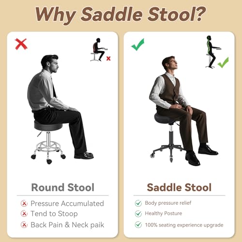 Image of Saddle Stool Heavy Duty 400lbs - Ergonomic Thick Saddle Seat Cushion, Easy Height Adjustable, Healthy Posture No Pain, Smooth Rolling No Creaky Noises, Rolling Saddle Stool Chair with Wheels (Black1)