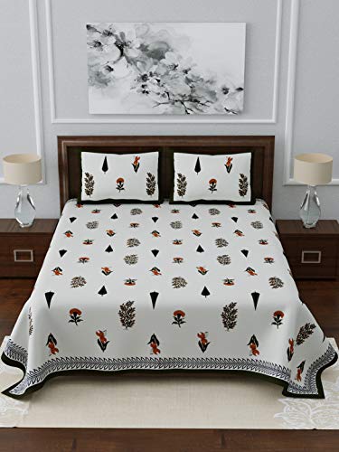 Image of LIVING ROOTS Jaipuri Hand Block Print King Cotton Bedsheet 86 * 104 inches (7 * 8.5 feet) with 2 Pillow Cover | 210 TC | Rich Fast Colour with No Colour Bleeding | (036-B)