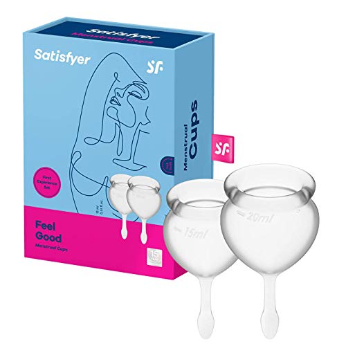 Coppetta mestruale Satisfyer Feel Good 2 pezzi | Coppette mestruali riutilizzabili e sostenibili, 15 e 20 ml | Facile da pulire e confortevole | Protezione di lunga durata in silicone: Trasparente