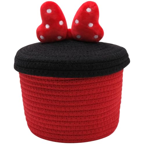 inheming Cesta redonda de cuerda de algodón de 20 cm con tapa, pequeña cesta de almacenamiento tejida, contenedor de almacenamiento tejido decorativo para aperitivos, toallas, joyas, artículos de