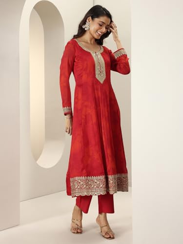 Image of Libas Women Red Printed Silk blend Anarkali Kurta Set for women | ethnic wear | bridal suit | occasion wear
