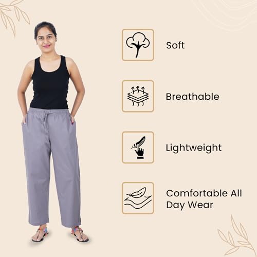 Image of Happy Bunny Parallel Pants for Women 100% Cotton Ankle Length Trousers Regular Fit with Elastic Drawstring Stylish & Pockets Casual Formal Wear for Office & Home
