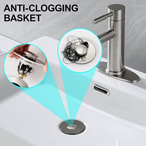 Universal Bathroom Sink Stopper - Bounce Wash Basin Drain Filter, Stainless Steel Pop Up Drain Stopper, Bullet Core Push Type Sink Stopper, Sink Drain Plug With Anti-Clogging Strainer, Brushed Nickel #TOP3