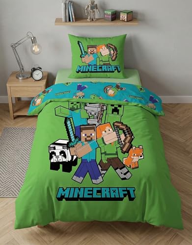 Minecraft Parure de Lit 1 Personne Classic Crew, 100% Coton, Housse de Couette 140x200 cm + Taie d'oreiller 65x65 cm, Vert