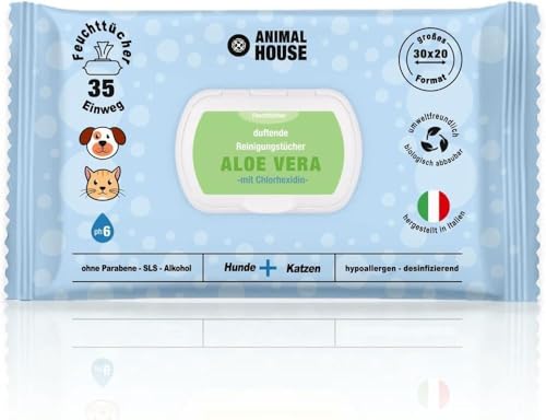 Animal House Dufttücher 35 Stück: Hypoallergene und biologisch abbaubare Feuchttücher für die tägliche Reinigung von Hunden und Katzen (35, Aloe und Chlorhexidin)