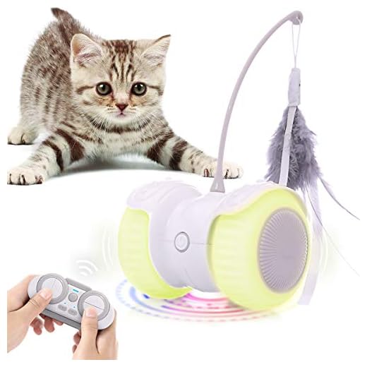 Feeko Remote Control Interactive Cat Toys, 13 in 1 Dual Modes Automatic Rolling Kitty Toys, Build-in Color Light, USB Charging Smart Cat Toy, Feather/Bells Cat Toys for Indoor Cats Kitten (White)