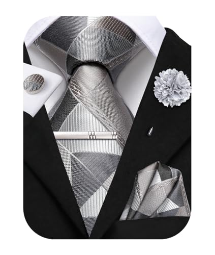 Image of Hi-Tie Grey Checkered Suit Neckties for Men Classic Woven Tie and Pocket Square Lapel Pin Silver Tie Clip Cufflinks Set Wedding Business 6PCS