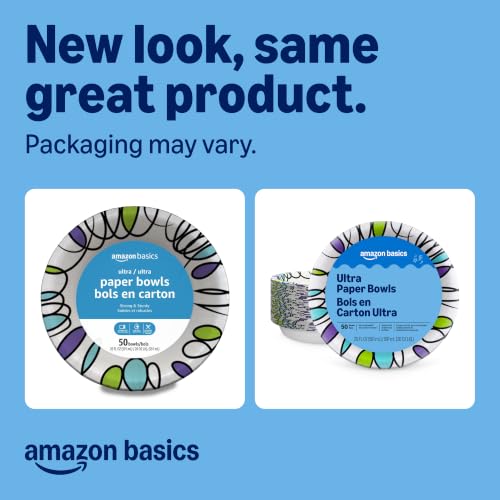 Image of Amazon Basics Ultra Disposable Paper Bowls, 20 Oz, Microwave Safe, Soak Proof, Strong & Sturdy, White, 50 Count (Pack of 12)