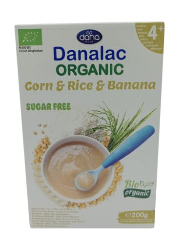 DANALAC Cereales orgánicos para bebés (maíz, arroz, plátano) 200 gramos Papilla sin azúcar 6 meses más (Paquete de 1)