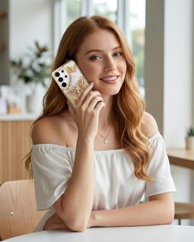 Image of Elzzi Electroplated Butterfly Phone Cover for Samsung S26 Ultra Case, Showcasing Pearlescent Diamond Soft TPU, Camera Protection, Shockproof, Dropresistant Stylish for Girls & Women (Gold)