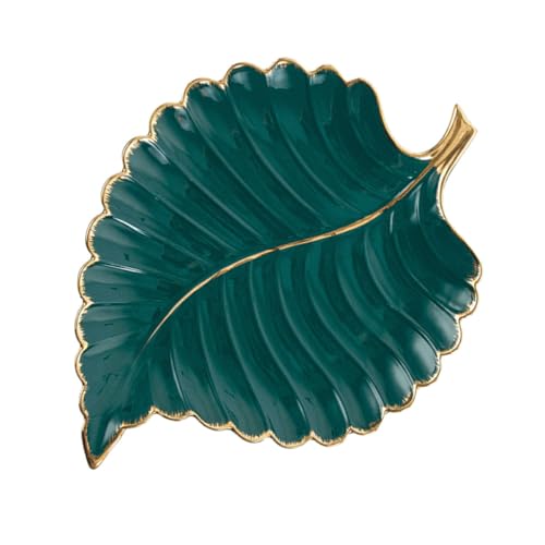 CONGARTENO Bandeja para Joyas y Postres de Cerámica Verde Borde Dorado Diseño Hoja Pequeño Plato Decorativo Multiuso para Exhibición y Almacenamiento en Fiestas y Hogar