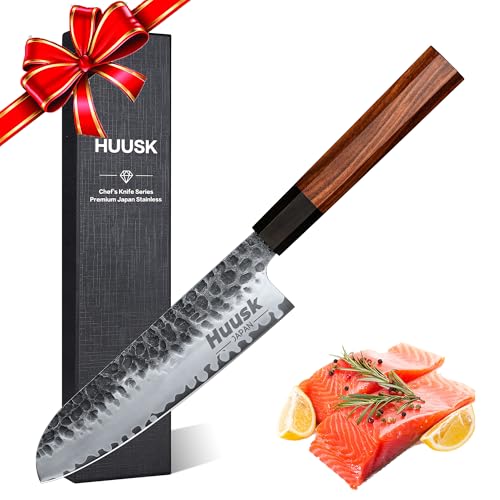 Huusk Santoku Knife 7 Inch, High Carbon Chef Knives with Rosewood Handle, Hand Forged Professional Japanese Kitchen Knives, Sharp Chopping Knife with Gift Box, Christmas Gifts for Men Women