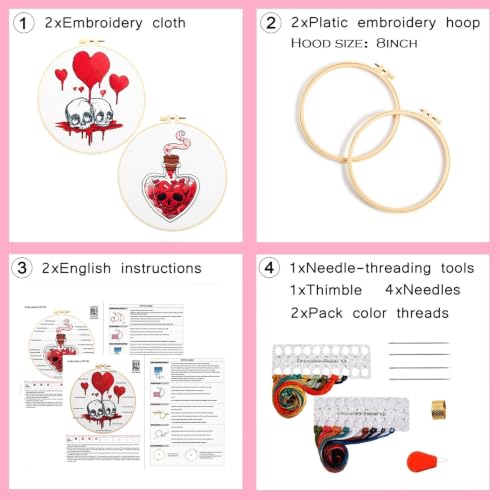 Image of Halloween Goth Embroidery Kits for Beginners Adults, Dark Skull Embroidery Sets Needlepoint Kits, Halloween Stamped Cross Stitch Kits for Beginners Adults, 2 Embroidery Hoops (Attached Video Tutorial)