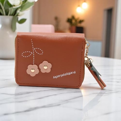 1Pcs Pouch for Money Short Floral Card Wallet PU Leather Brown 11x9cm