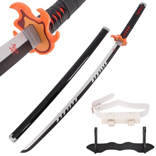 MUTANGUE Tanjiro Sword Katana Advanced 40.3 Plastic Model with Orange Red Flaming Tsuba Includes Display Stand and Cosplay Belt for Collection and Display
