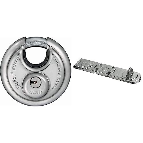 ABUS Diskus Vorhängeschloss 25/70 - wetterfest & Gelenk-Überfalle 110/195 - Vorrichtung für Vorhängeschlösser - für aufschlagende Türen und Ecklösungen - 32173 - ABUS-Sicherheitslevel 8 - Silberfarben