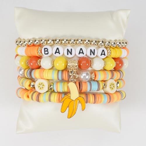 Heishi Surfer Friendship Bracelets Set Bohemian Cute Tropical Fruit Banana Avocado Cherry Strawberry Pineapple Mango Polymer Clay Gold Beads Stackable Stretch Bracelets for Women Preppy Jewelry3
