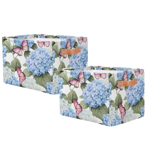 Image of Blue Hydrangea Flowers Storage Baskets for Organizing, Fabric Collapsible Storage Bins Box Pink Butterfly Decorative Toy Organizer Baskets for Closet Shelves Gift Basket 2Pcs