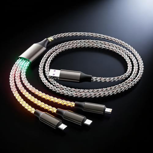 Image of Verilux 3-in-1 RGB LED PD 66W Type C Cable Fast Charging 3.9FT, 480Mbps Data Transmission C Type Charger Cable with C Connector, USB to Lighting, USB to Micro A for iPhone 17 /16 /15, Galaxy S25 /S24