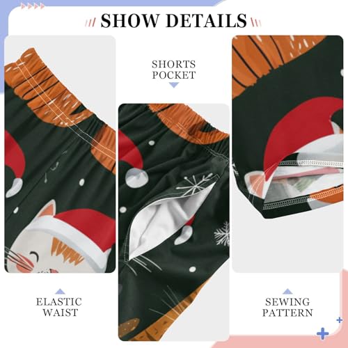 Cat with Xmas Hat Boys Long Pants Soft Trousers Elastic Waist Kids Lounge Bottoms with Pockets S-XL4