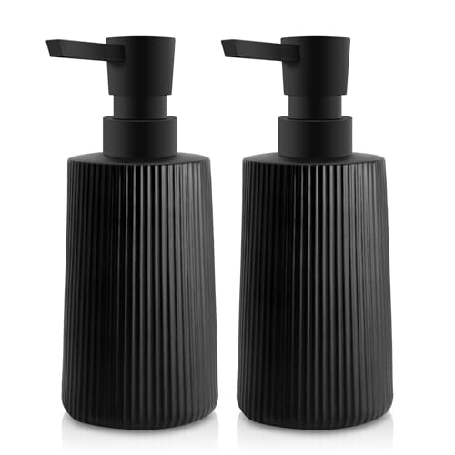 Image of 2 Pack Glass Small Soap Dispenser for Bathroom and Kitchen 250ml /8.5oz Dish Soap Dispenser Modern Farmhouse Striped Style Hand Soap Dish Soap Dispenser with Pump (Black)
