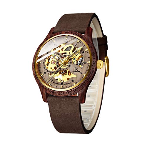 Image of IK COLOURING Men's Watches Luxury Mechanical Wooden Case Skeleton Lumious Automatic Self-Winding Lightweight Genuine Leather Bracelet /Wood Band Wrist Watch