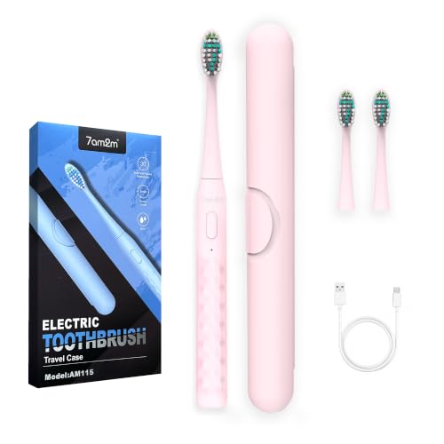 7AM2M Sonic Travel Electric Toothbrush for Adults&Kids Travel Case&2 Brush Heads 1 Charge for 90 Days Type-C Rechargeable Sonic Toothbrush Compact Design for Daily/Travel Use-Pink