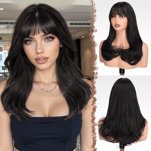FESHFEN Long Wigs with Bangs, Synthetic Natural Looking Layered Straight