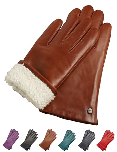 AKAROA ESTD 2019 MIA Gants en cuir pour femme Fonction écran tactile Cuir italien Doublure en peau d'agneau Nouvelle-Zélande 4 tailles S à XL, Mia Cognac, M