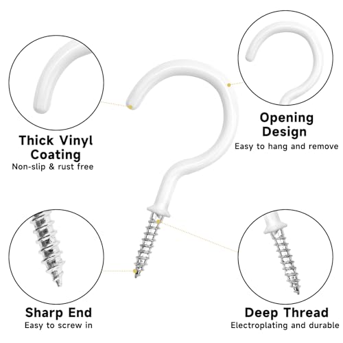 KINGLAKE 115 Pcs White Screw in Hooks (7 Sizes), Plastic Coated Mug Cup Hooks Wall Ceiling Hook for Wood, Under Cupboard, Cabinet Shelf, Hanging Plant and Kitchen Utensils