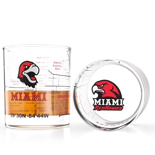 Image of Greenline Goods Miami University RedHawks Whiskey Glasses Set of 2, 10 oz Rocks Glasses with Full-Color Logo & Campus Map - Officially Licensed Bourbon Glass Gift for Alumni & Fans