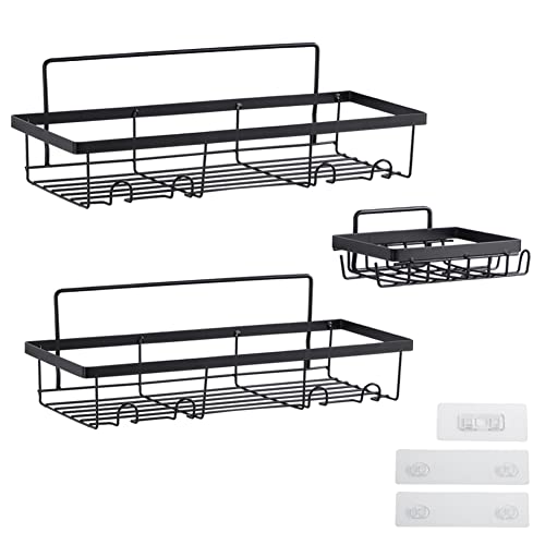 Organizador de Ducha de Baño de Hierro Negro, Carrito de Ducha Montado en la Pared Inoxidable con Ganchos para Toallas, Llaves, Bolas de Baño, sin Necesidad de Taladrar, Fuerte
