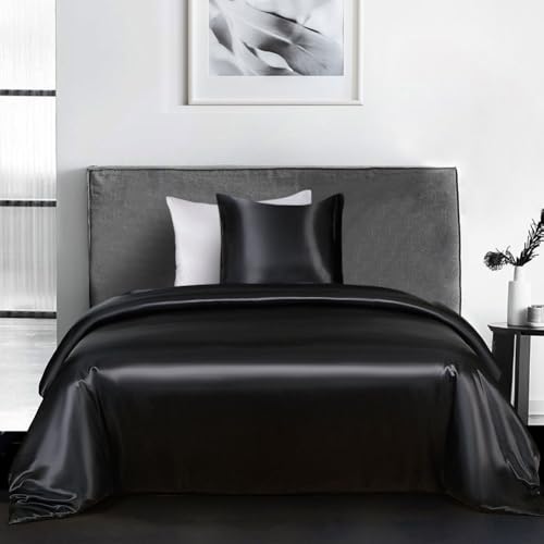 Michorinee Housse de Couette Satin 140x200 Noir avec Taie d'oreiller 65x65 cm Parure de Lit Adulte 1 Personne Linge de Lit Satin de Soie Brillante avec...