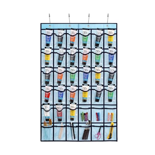 TEMUORG Hanging Acrylic Paint Tubes Organizer Over The Door Art Supplies Storage Markers 36 Pocket Holder for Pastels Crayons Brushes Tools (Blue)