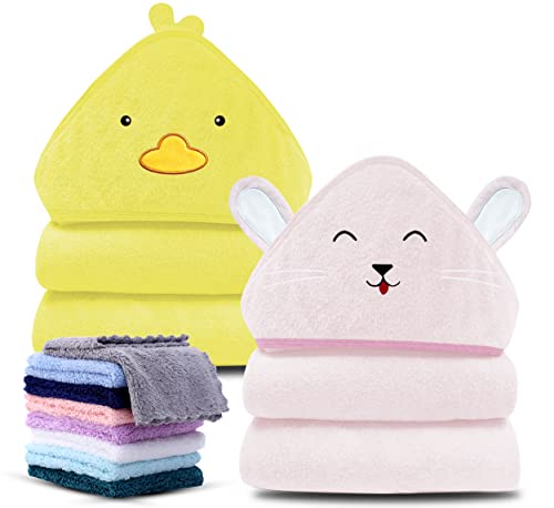 Image of Cute Castle 2 Pack Hooded Baby Towel Rayon Made from Bamboo with 8 Washcloths - Soft Bath Towel for Bathtub for Babie, Newborn, Infant, Natural Baby Stuff Towel (Duck and Rabbit)