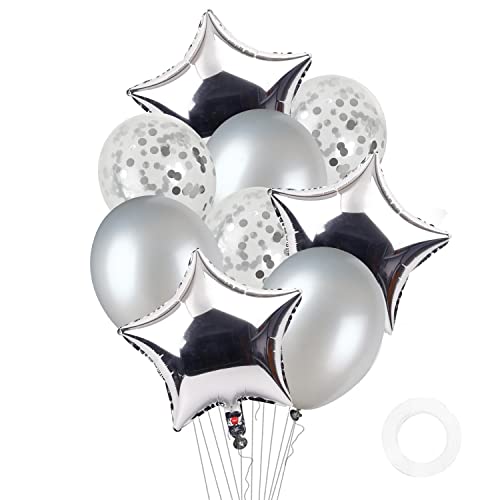 Image of Party Propz Silver Balloons for Decoration - 10Pcs Set with Foil Star Balloons for Decoration, Confetti, Metallic Balloons