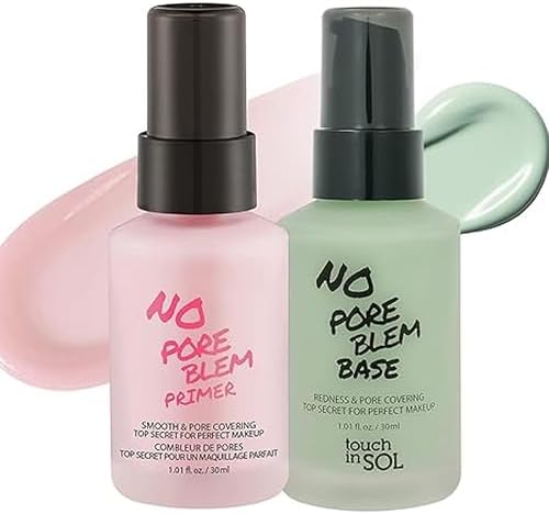 TOUCH IN SOL Best Korean Primer Duo – No Poreblem & Redness Correcting Base – Perfect for Oily Skin & Redness Neutralization – 1.01 fl.oz Each (30ml)