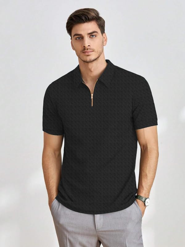 Image of KAJARU Men's Polyster Blend Regular Fit T-Shirt with Half Sleeve Chain Polo Collar V-Neck Standard Length and Classic Style