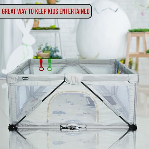 Image of Foldable Grey Playpen for Toddlers - Portable Baby Play Yard with Safety Lock & Suction Cups, Indoor Play Gate Fence for Boys & Girls - Lightweight & Secure Baby Activity Center