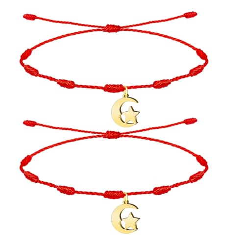 cotigo Pulsera 7 Nudos con Luna y Estrella en acero inoxidable, pulsera hilo nudo rojo ajustable, Amuleto de Suerte y contra mal de ojo, set 2 pcs (Luna y Estrella Dorado)