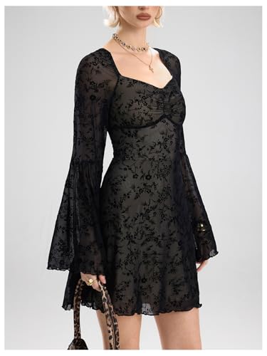 Image of WDIRARA Women's Floral Jacquard Mesh Gothic Dress Bell Long Sleeve A Line Vintage Dresses