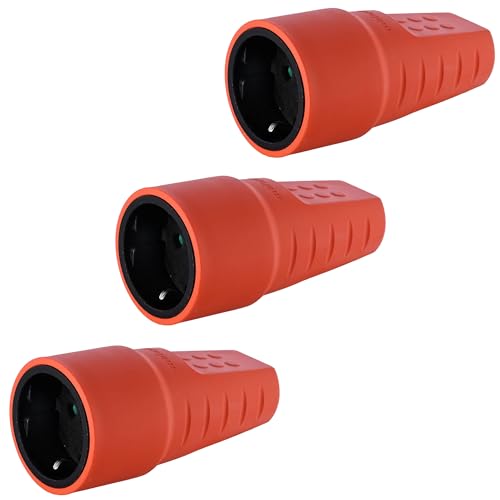 Gummikupplung 230V, Schutzkontaktkupplung, IP20, 16A, Schuko Kupplung mit Knickschutztülle, Bruchfest Schukokupplung mit Zugentlastung Aussenbereich, Kabel Kupplung bis max. 2,5mm², 3 Stücke (Orange)