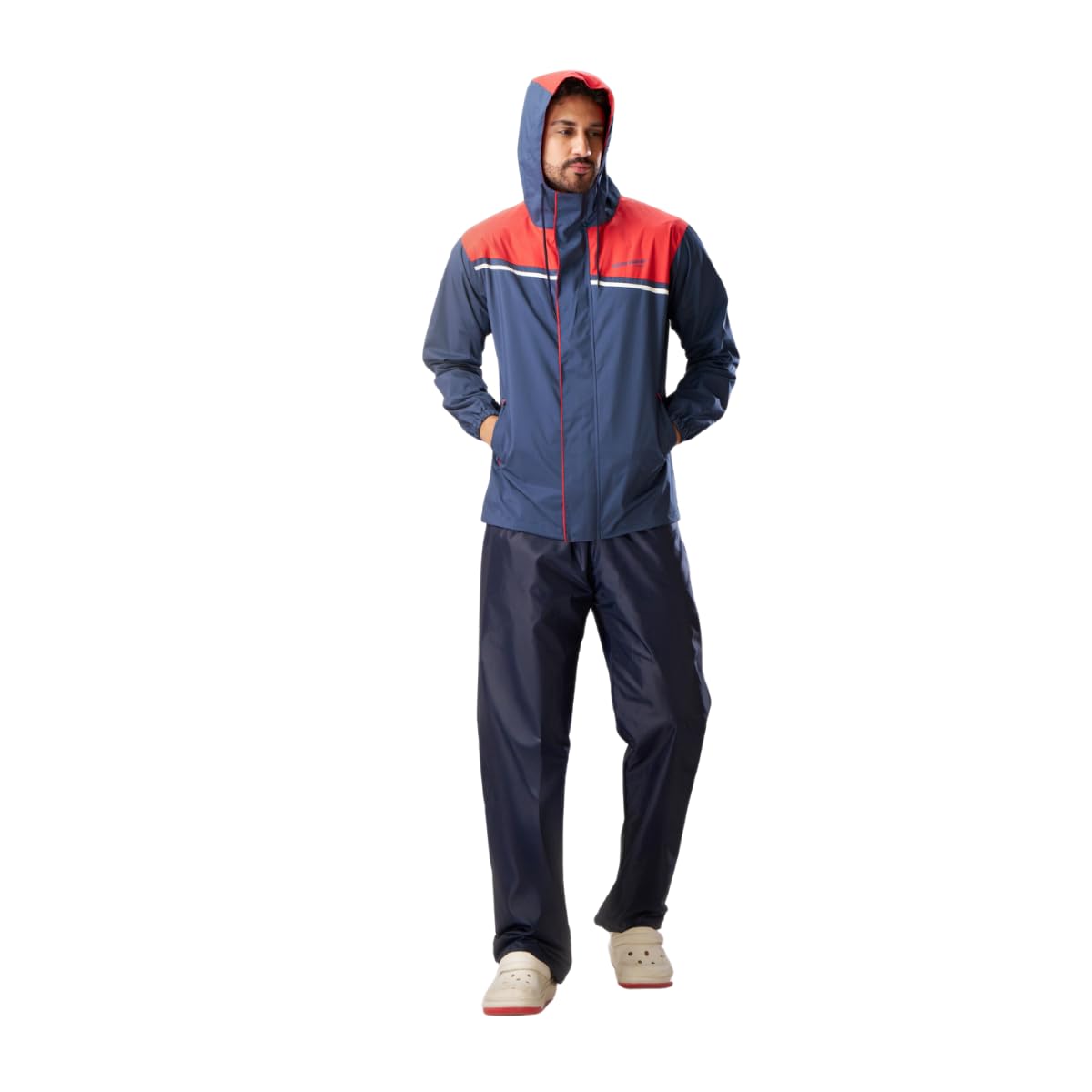 ZEEL Rain Coat for Men Waterproof for Bike Riders with Adjustable Hood and Pocket,Waterproof Raincoat with Polyester Jacket Pant and Carrying Pouch,AZ06 Navy-Red XXL 2