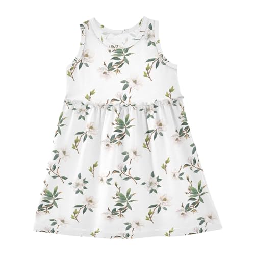 Magnolia White Flowers Girls Casual Dress Cotton Summer Clothes for Kids 2T-8Y