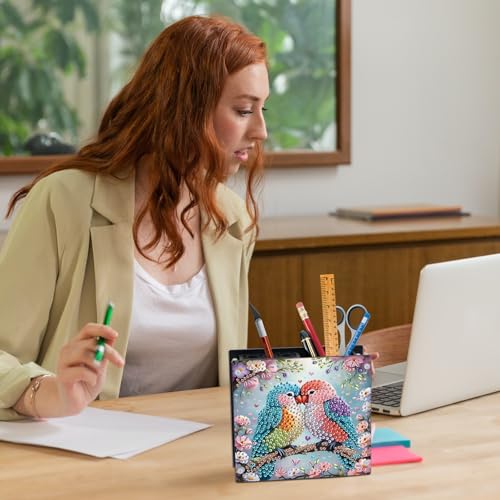 Image of DIY 5D Diamond Painting Pen Holder - Colorful Parrot Couple Pencil Organizer for Bird Lovers, 5D DIY Desk Organizer with Beads, Pencil Organizer for Craft Desk or Gift