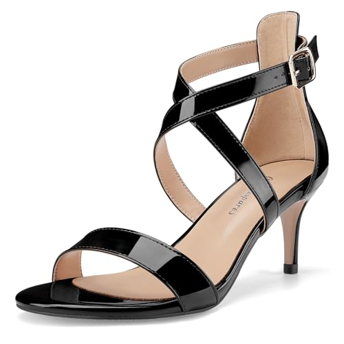 Oh Mispares Women’s Heeled Sandals Round Open Toe Mid Stiletto Heel Adjustable Crossover Straps Buckle Patent Leather Summer Dress Shoes Wedding Party Prom